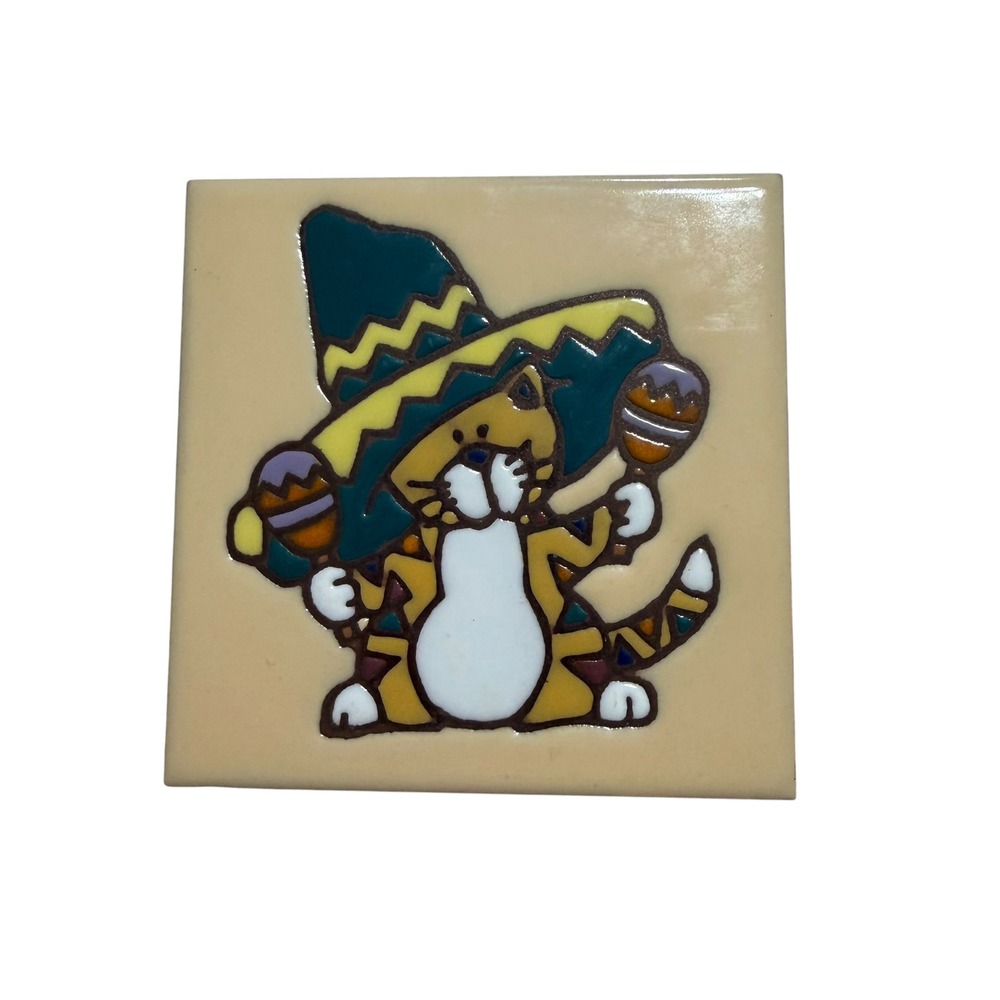 Earthtones Cat Sombrero Maracas Ceramic Tile 1999 Tucson AZ Art 2076A 4x4